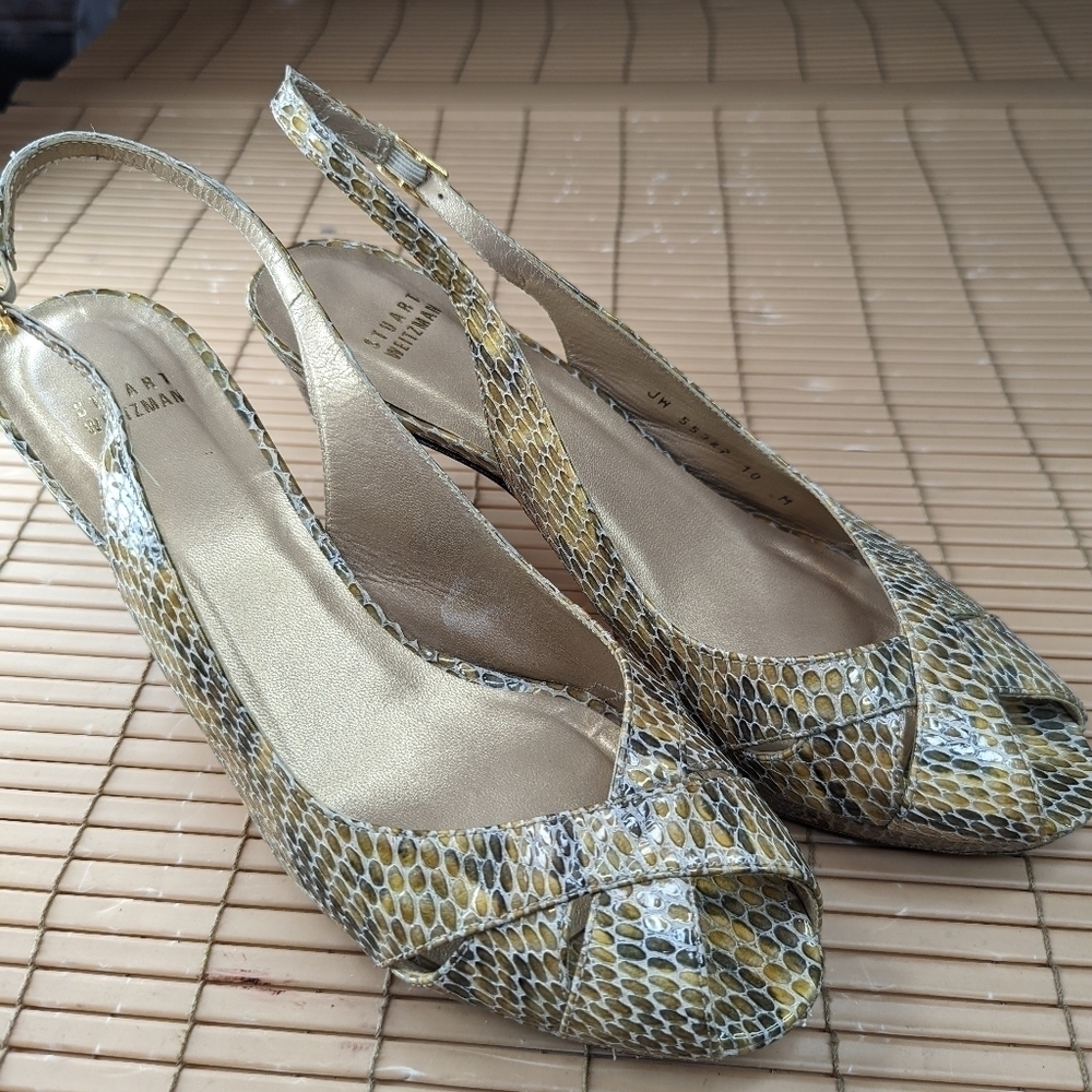 Stuart Weitzman Gold/Grey Women's Sz 10m Slingback Platform Open Toe Sandals. Sn